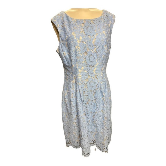 Vince Camuto Dresses & Skirts - Vince Camuto Dress 12 Blue Lace Cap Sleeve Floral Sheath Shift Square Neck Chic
